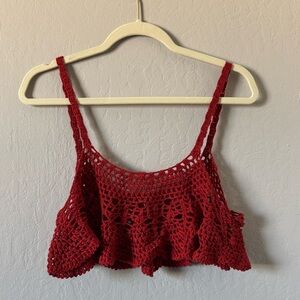 Free People Red Crochet Ruffle Top